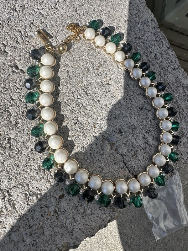 TRIFARI Signed Golden Pearl Necklace Green Blue Glass Bead Gold Tone Vintage