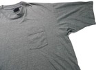Gray VTG men’s short-sleeve shirt with single chest pocket, small purple logo on left chest, and USA made tall 80s tag.