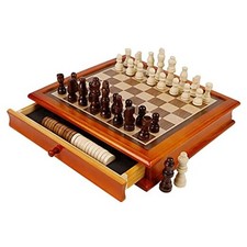 12-Inch Wooden Chess  Checkers Set with Storage Drawer, Portable Board Games