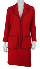 CHANEL Vintage Red Wool Blend Boucle Tweed Beaded Trim Jacket  Skirt Suit 40