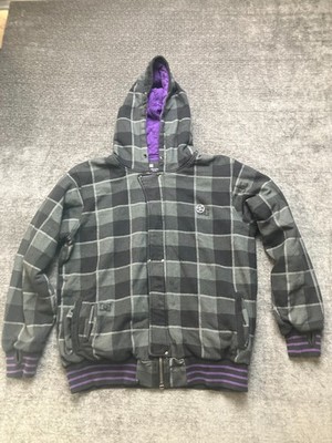 DC Shoes Jacket Men XL Black Gray Buffalo Plaid Quilted Lined Hooded Logo Zip Up