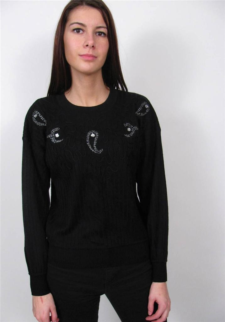 MAGLIONE YSL YVES SAINT LAURENT FRANCE NERO MAGLIA LANA STRASS PULL OVER TOP~S