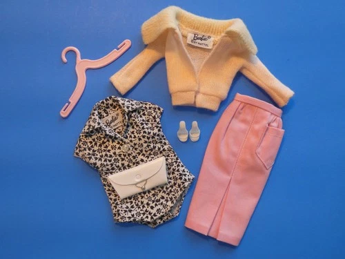 Vtg Barbie PAK Floral Blouse Pink Sheath Skirt & Cardigan White Japan OT & Purse