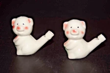 2 Vintage STYLED Hand Painted Piggy Water Warbler Whistle Ceramic Pink & White