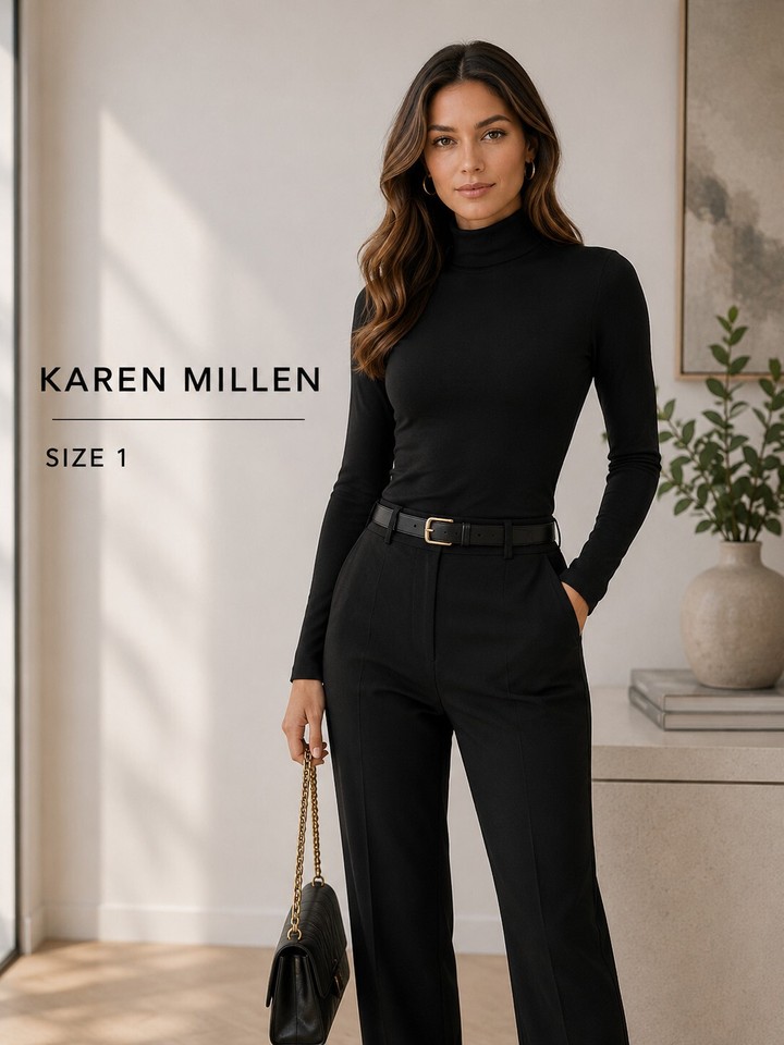 Karen Millen Black Long Sleeve High Neck Top Size 1 Roll Neck Stretch Knit