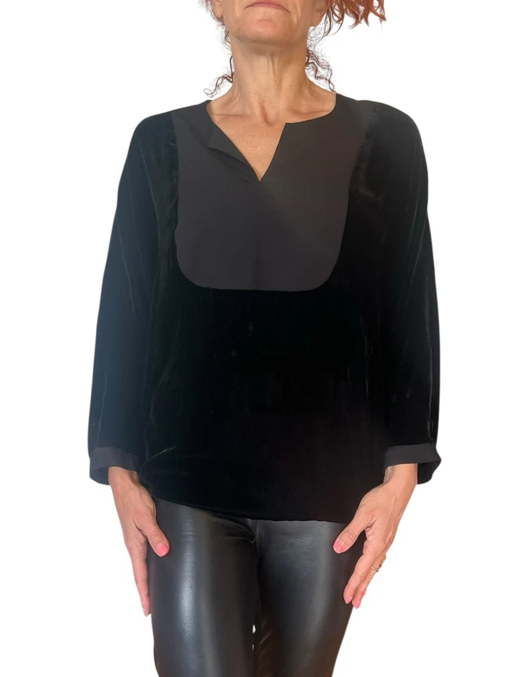 MUJER ELIE TAHARI BLUSA TOP TERCIOPELO NEGRO MANGA LARGA DOLMAN CUELLO EN V DIVIDIDO S Foto 4 de 4