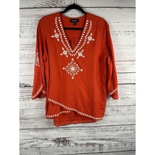 Karen Kane Shirt Women's SZ Medium Orange Linen Embroidered Tunic Top 3/4 Sleeve
