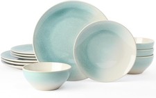 Stoneware Dinnerware Set 12 Piece for 4 Aqua Plates Bowls, GL0369