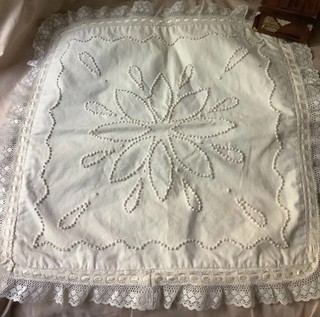 VTG Hand Made Embroidered Pillow COVER Candlewick French Knots Ribbons Lace Trim