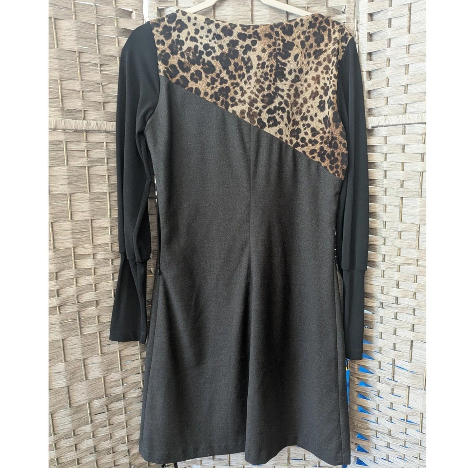 Save the Queen! Leopard Print Mixed Media Mini Shift Dress Black Med Gothic NWT - Image 2 of 4