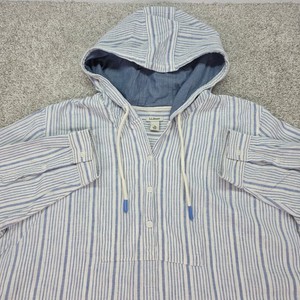 LL Bean Women XL Linen Blend Blue White Striped Hoodie Pullover Shirt 510153