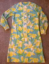 Lilly Pulitzer Floral Shift Dress Blue Yellow Green Button Front VINTAGE 60s 70s