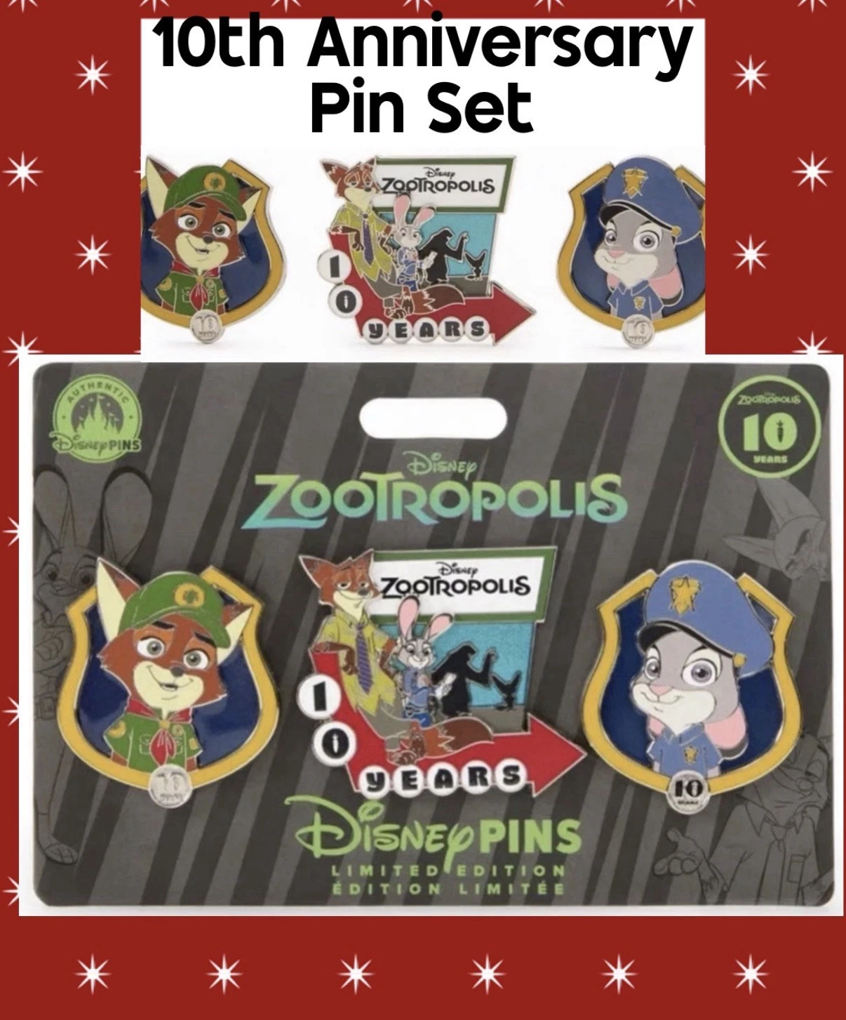 New ListingDisney Parks 2026 Zootopia 10th Anniversary 3pc LE Pin Set NWT Zootropolis 1650