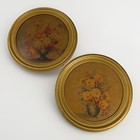 Pair Vintage Round Framed Cottage Floral Print Pictures Signed M. DcCamp