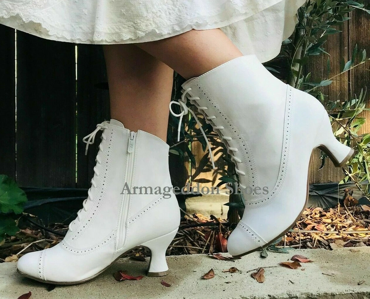 Cream Ivory Vintage Steampunk Antebellum Victorian Frontier Ankle Boots  Womans