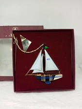 Vtg. Baldwin Or.B. Blue Green White Gold Sailboat Finished Brass Ornament. 
