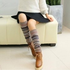 Ladies Striped Crochet Knit Knee Legs Warmers Leggings Slouch Boot Socks Winter