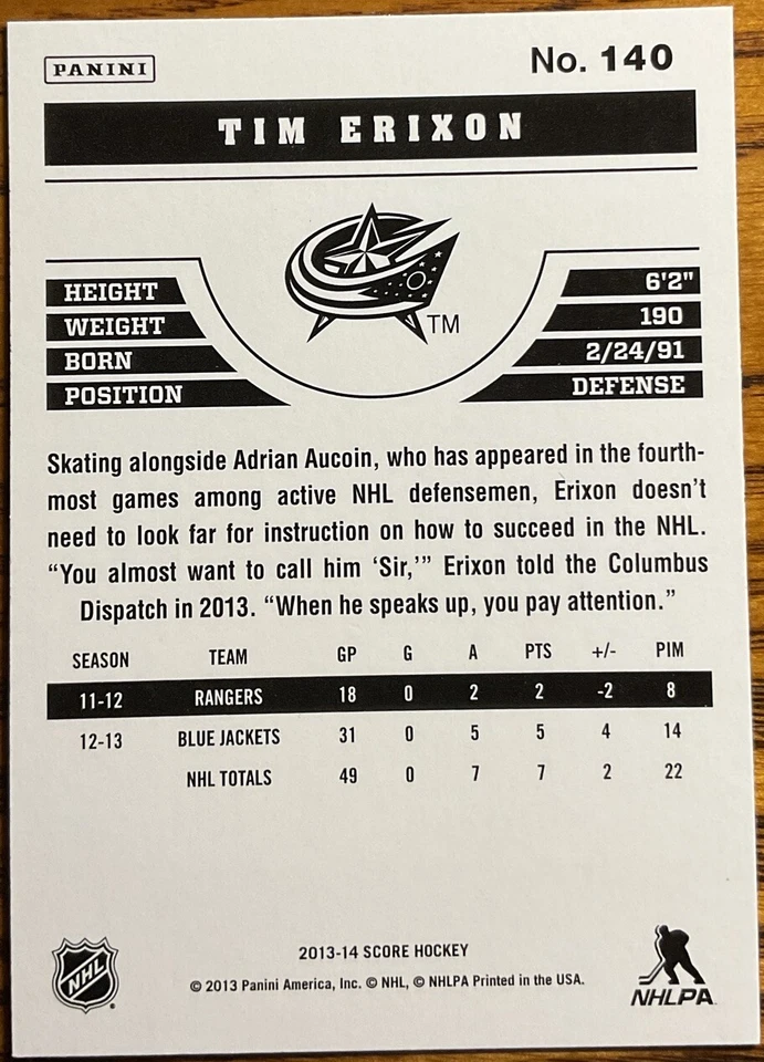 2013-14 Score Gold Tim Erixon #140 Columbus Blue Jackets - Image 2 of 2
