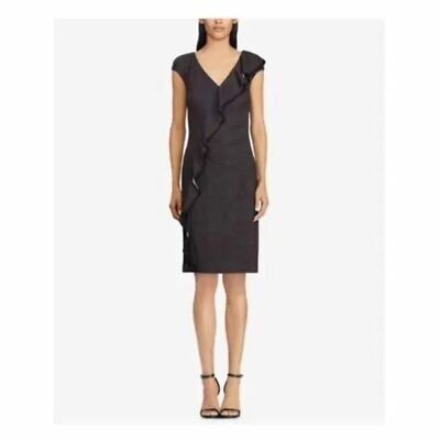 ruffle trim jersey dress NWT Womens Size 0 Lauren Ralph Lauren LRL Gray Black Ruffle-Trim Jersey  Dress