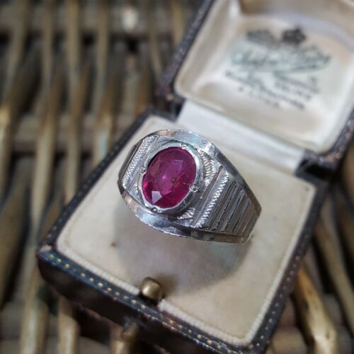 Vintage 925 Sterling Silver Men's Ring, Natural Ruby Signet Ring, Size R US 8.5 - Picture 5 of 8