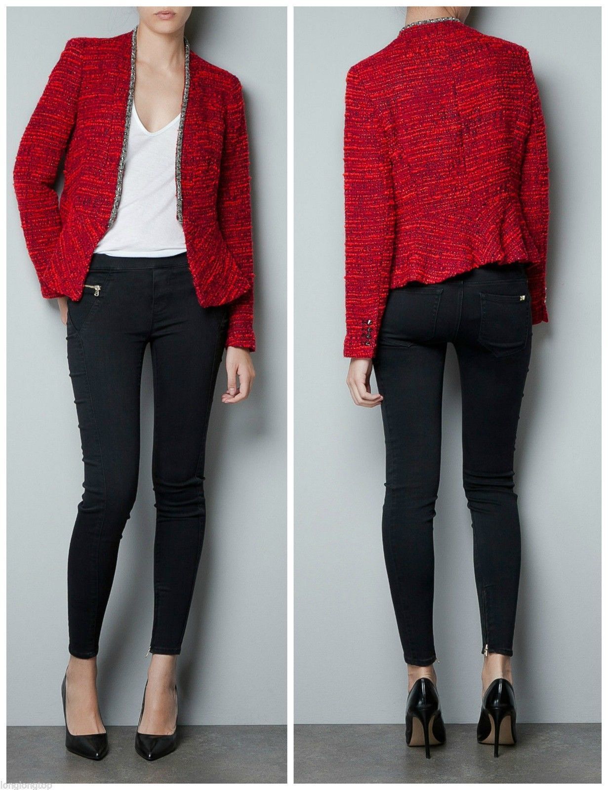 A699 ZARA VERY RARE BLAZER FANTASY BOUCLE RED METAL JACKET COAT EXRA SMALL - XS image 9