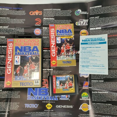 Tecmo Super NBA Basketball (Sega Genesis, 1993) CIB Complete with Sports Poster