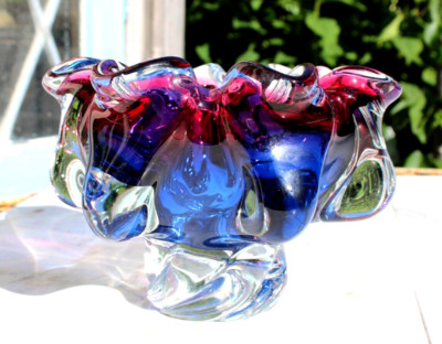 Bohemia Art Glass Dish By Jozef Hospodka For Chribska Glassworks 1960's Blue Red