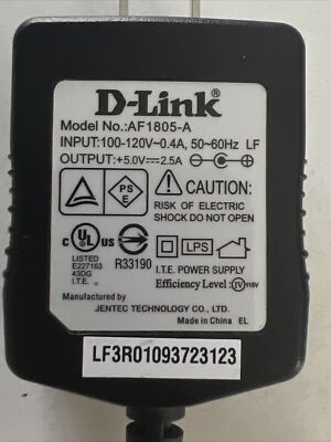 D-LINK AF1805-A   AC/DC Power Supply Adapter Charger Output: 5V DC 2.5A OEM Rou