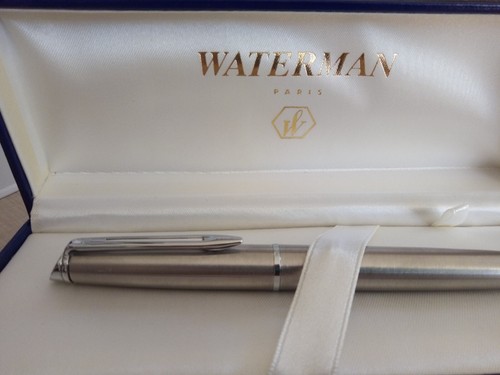 WATERMAN HEMISPHERE STEEL CHROME TRIM MEDIUM NIB FOUNTAIN PEN ENGRAVED HARRY BOX - Picture 5 of 9