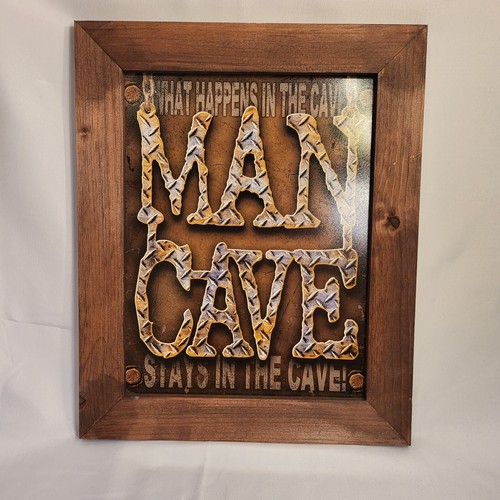 Man Cave Diamond Plate What Happens Stays Sign Tin Framed Garage Bar Rustic - Picture 2 of 3