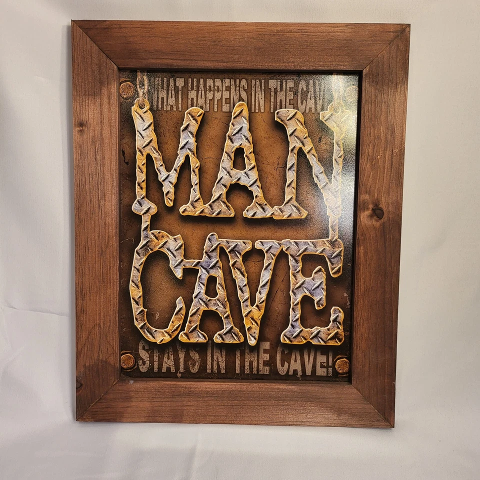 Letrero de diamante Man Cave What Happens Stays con marco de hojalata barra de garaje rústico Foto 2 de 3