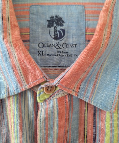 Ocean & Coast Linen Shirt Mens XL Multicolor Stripe Roll Tab Sleeve Casual Wear - Picture 2 of 4