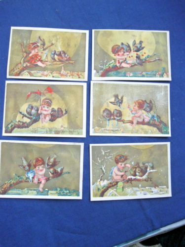 6 Victorian Trade Cards NUDE Baby NYMPHS Feeding BIRDS Painting J7 - Picture 1 of 2