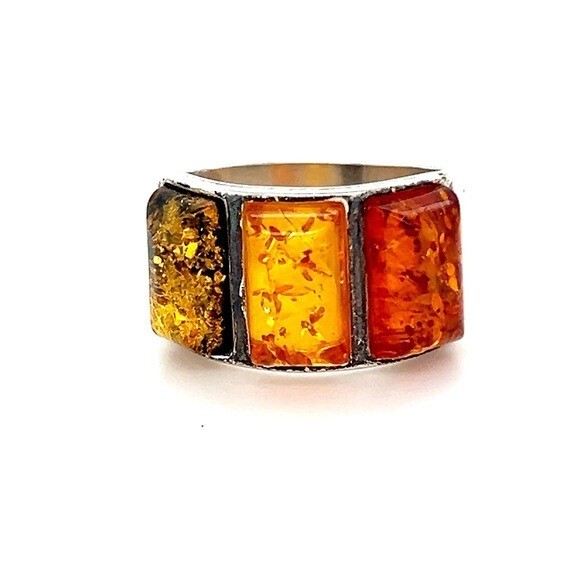Rectangular Amber Stone Silver 925 Ring - image 1