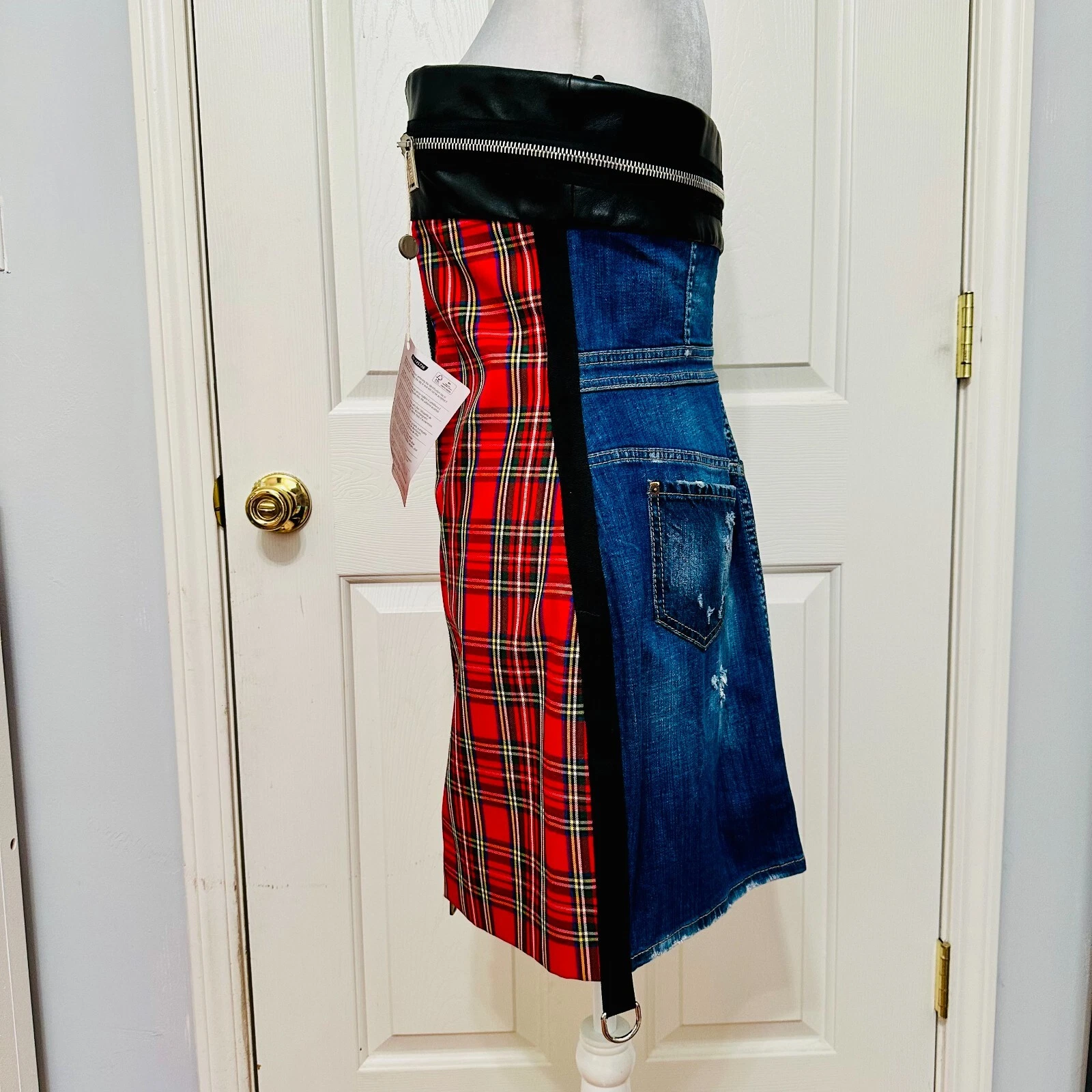 DSQUARED2 ABITO BODYCON ROSSO E NERO A QUADRI PELLE DENIM FULL ZIP 44 8 ITALIA