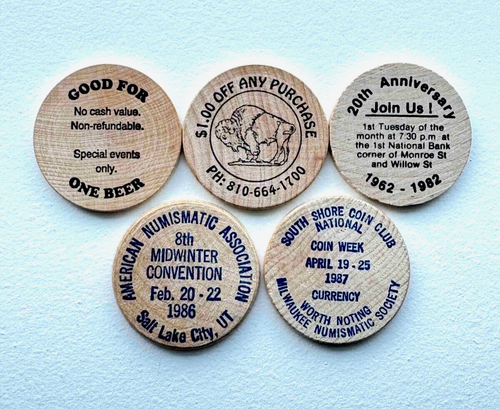 Wooden Token Set of 5 Waikiki Brewing, St.Lapeer, Monroe Club, Utah, South Shore - Bild 2 von 2