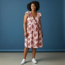 Eloquii Elements Womens Plus Size 20 Pink Floral Ruffle V-Neck Fit Flare Dress
