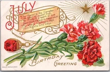 Vintage 1910s JULY BIRTHDAY Embossed Postcard RUBY Birthstone / CARNATION Flower