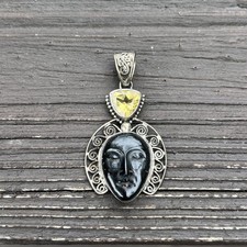 Vintage 925 Sterling Silver Carved Face Gemst...