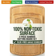 Glue-Free Surface Organic Bamboo Cutting Board Set of 3 – Non Toxic Wooden Cu...