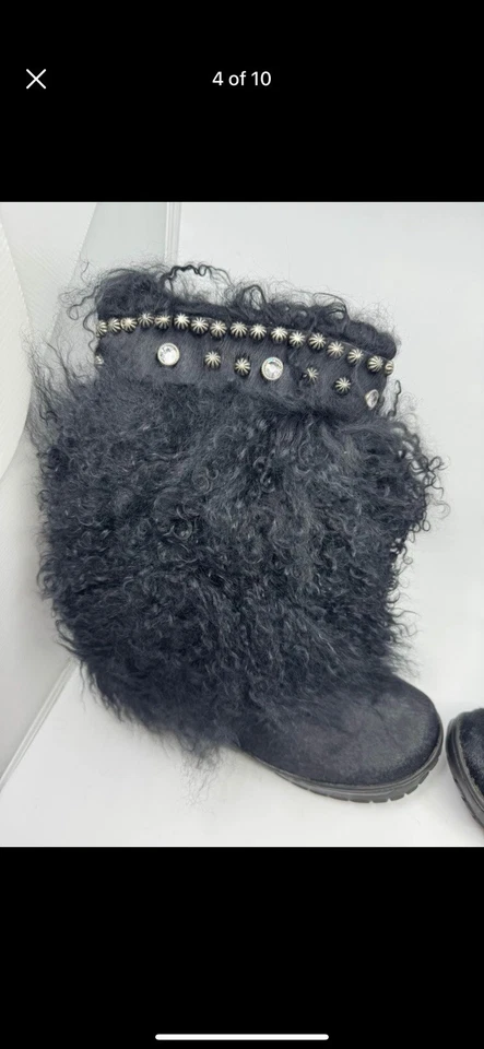 BEARPAW Boetis Black Furry Curly Lamb Fur Boots SIZE 7 - Image 4 of 4