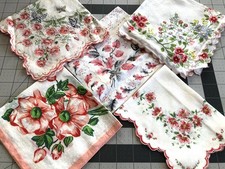 5 Vintage Floral Hankie White w/ Pink Peach Flowers Scalloped Edge Handkerchiefs