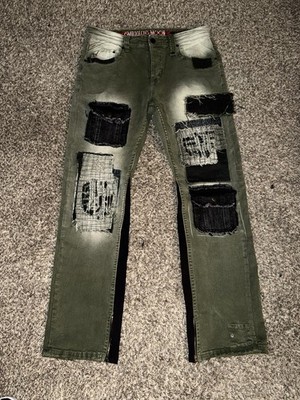 Patchwork Distressed Jeans Pants Cargo Stretch Green Black Loose Straight  34
