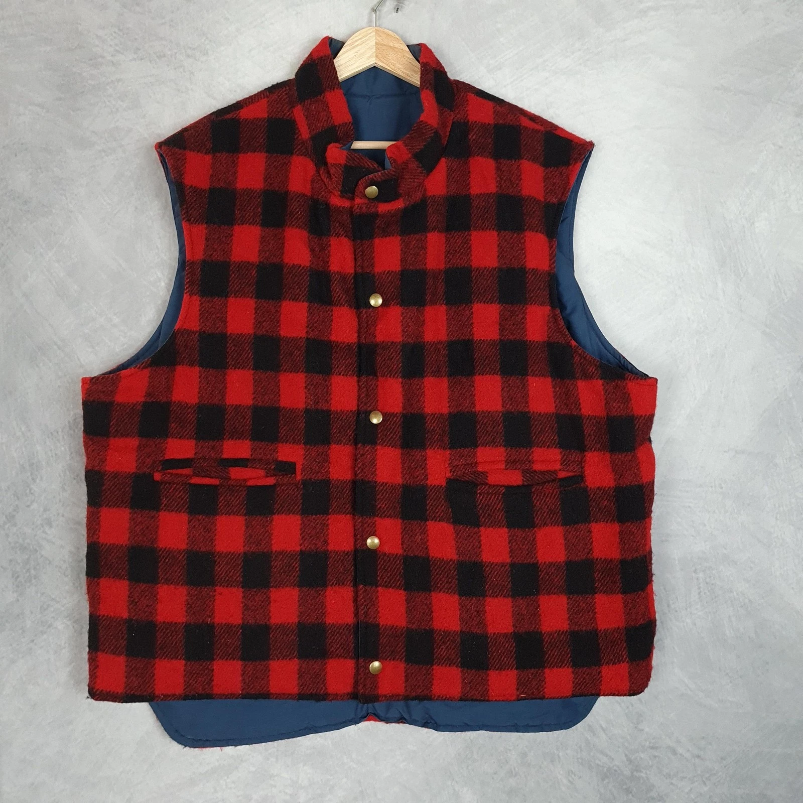 Vintage LL Bean Vest Mens XL Red Black Buffalo Plaid Wool Reversible USA