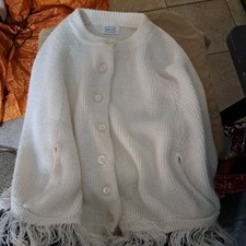 Vintage Girls White Shawl Knit Button Poncho Arm Vents Fringe One Size-may knit