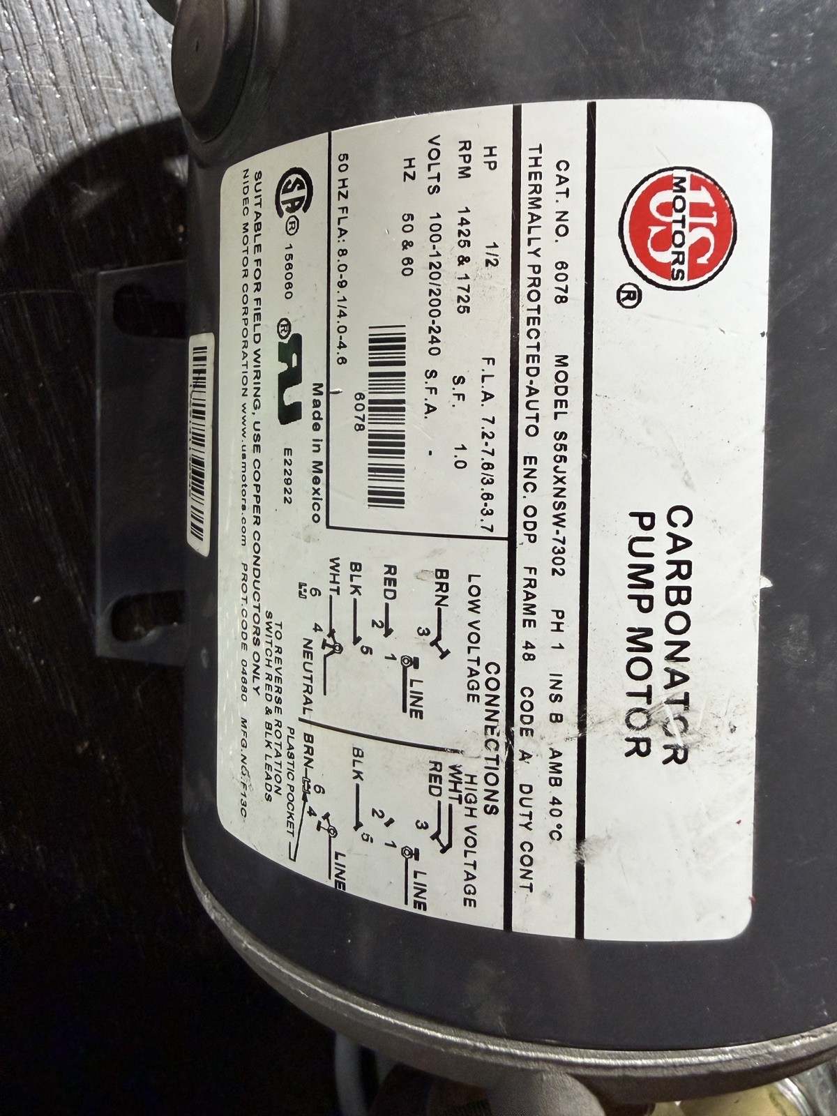 US Motors Carbonator Pump Motor S55JXNSW-7302 1/2HP