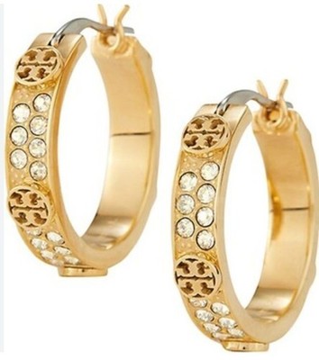 HOT Tory Burch Miller Crystal Logo Huggie Hoops Sparkling Gold Tone