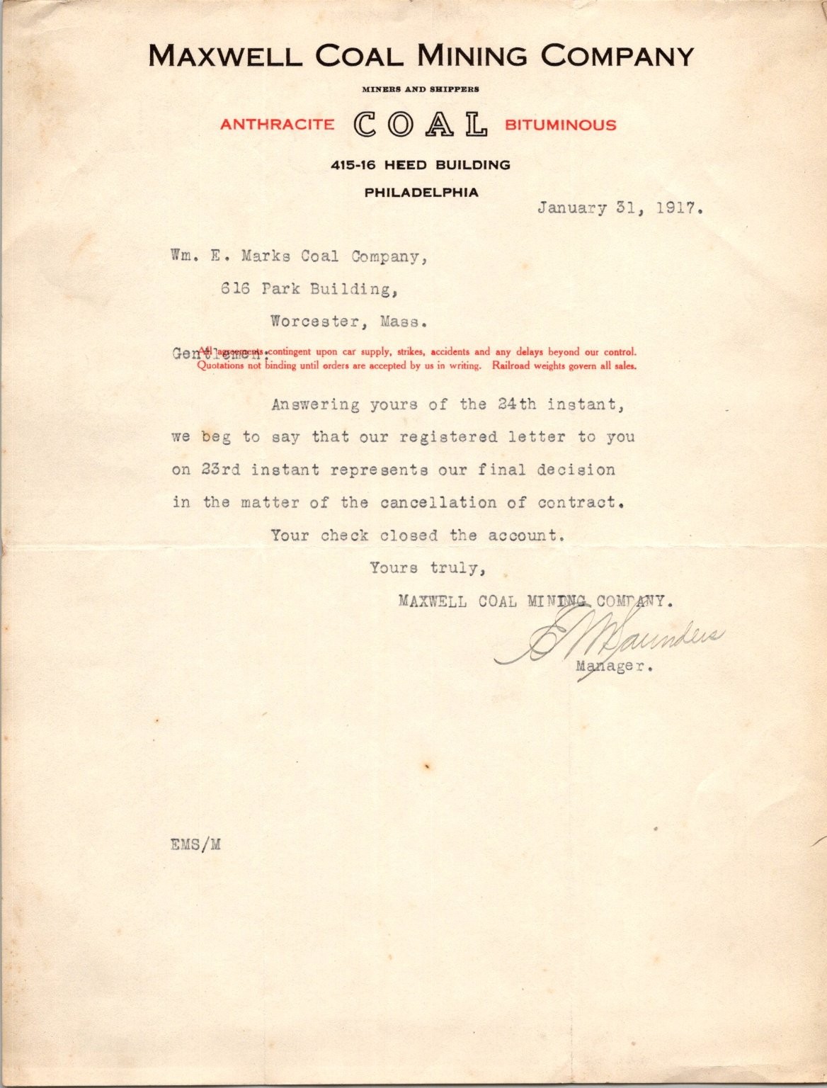 1917 Maxwell Coal Mining Company Letter Philadelphia Anthracite Coal