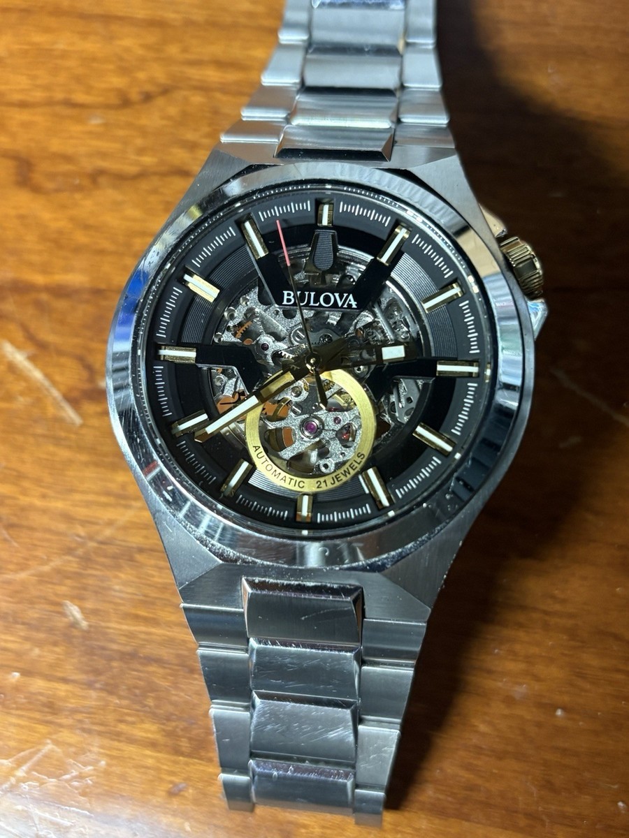 BULOVA メンズ腕時計 クォーツ シルバー ブラック文字盤 動作確認済 Bulova Men's Maquina Automatic Skeleton Silver Stainless Steel