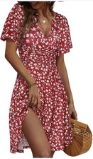 Womens Sundress Summer Floral Short Sleeve Wrap V Neck A-Line Midi Dress XL